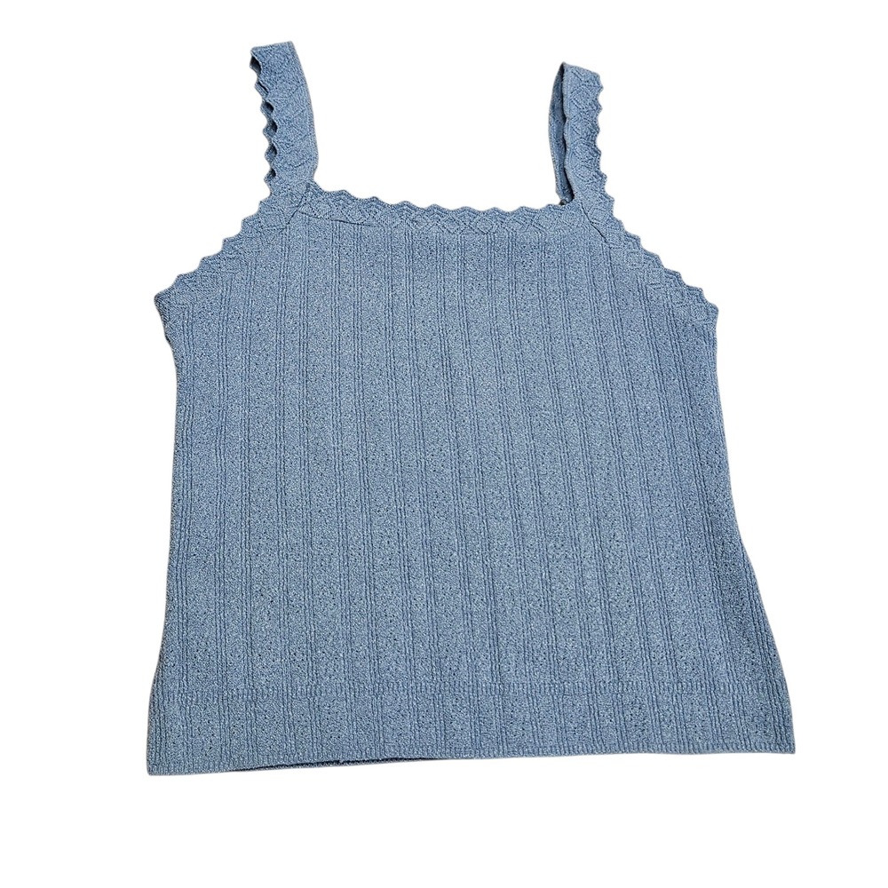 JJ Basics Vintage 90s Blue Ribbed Knit Tank‎ Top Scalloped Square Neck Stretch M